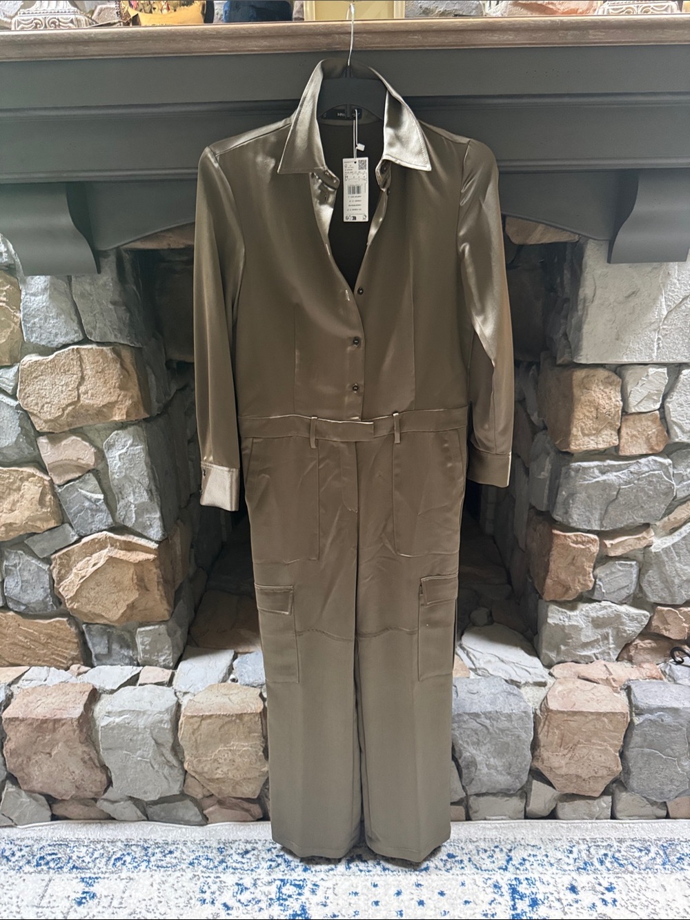 Mango Olive Green Satin Utility Jumpsuit